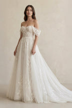 Off The Shoulder A Line Tulle Wedding Dress in Ivory - Curvevia