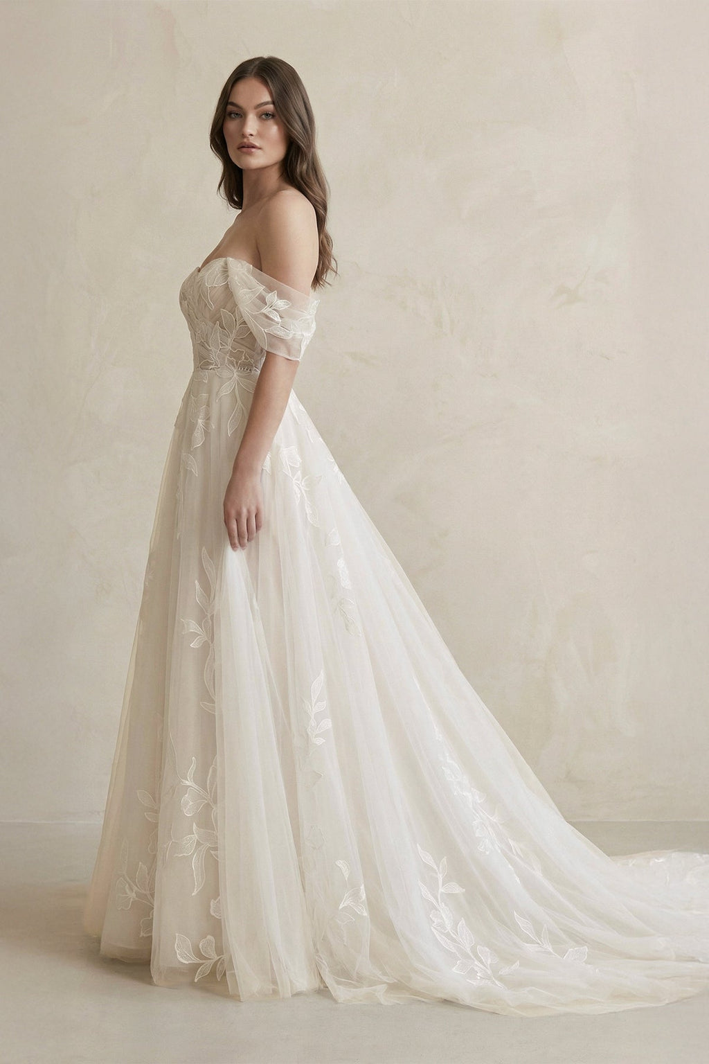 Off The Shoulder A Line Tulle Wedding Dress in Ivory - Curvevia