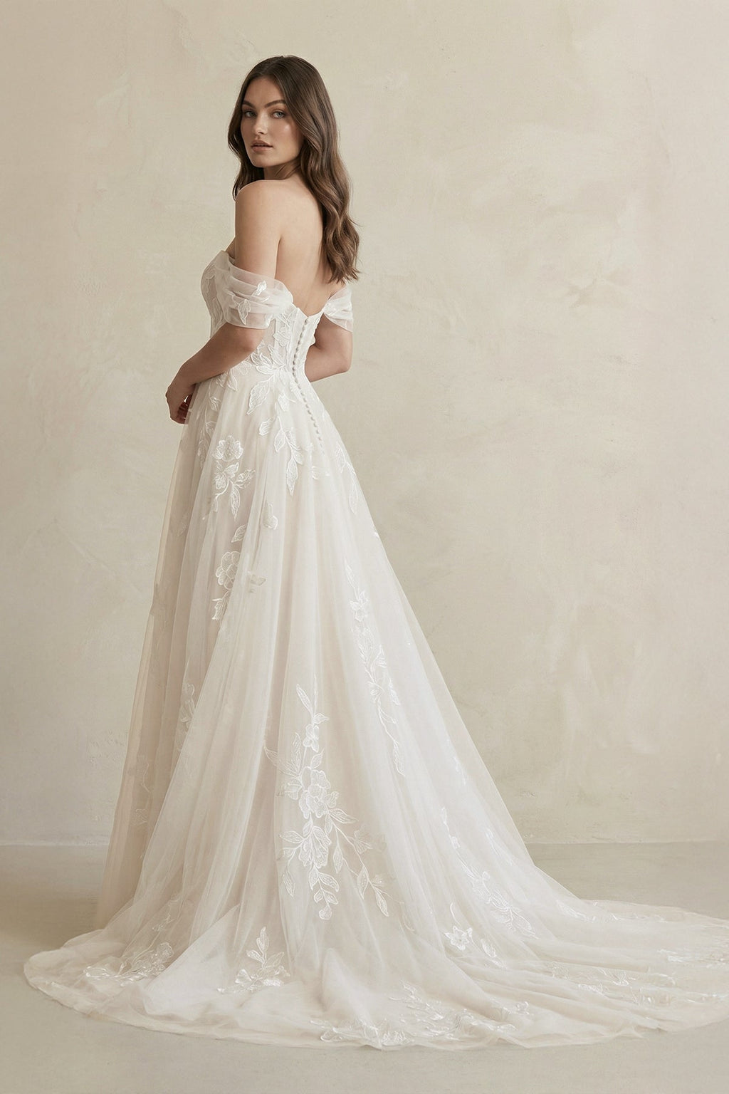 Off The Shoulder A Line Tulle Wedding Dress in Ivory - Curvevia