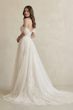 Off The Shoulder A Line Tulle Wedding Dress in Ivory - Curvevia