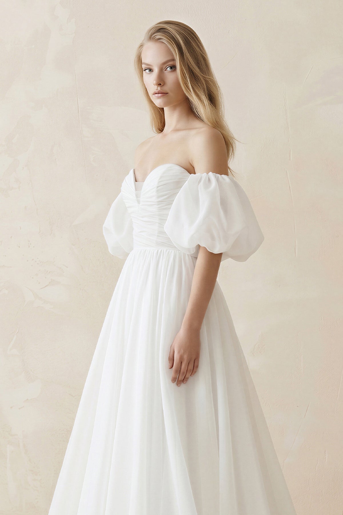 Off-the-Shoulder A-Line Tulle Wedding Dress With Puff Sleeves in White - Curvevia