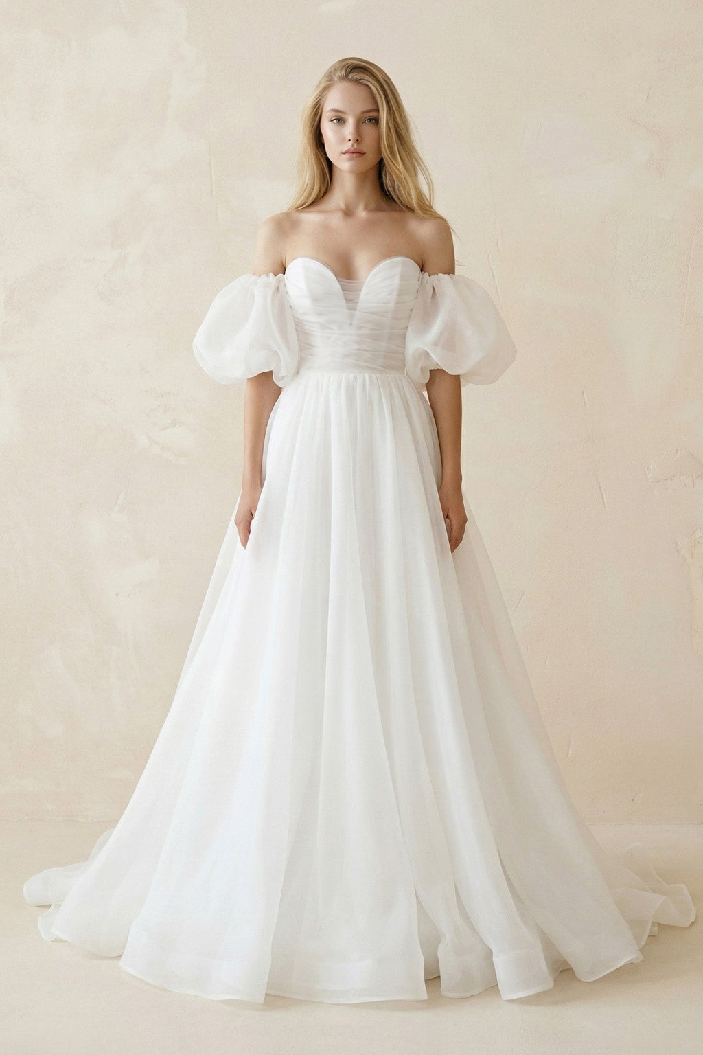 Off-the-Shoulder A-Line Tulle Wedding Dress With Puff Sleeves in White - Curvevia