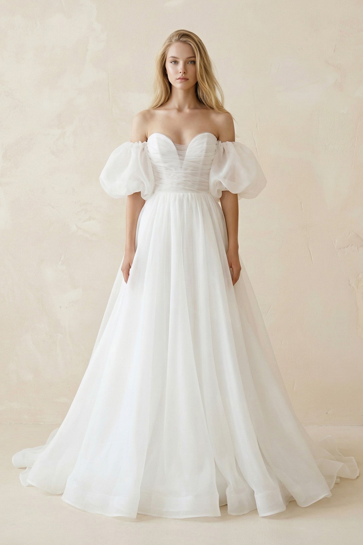 Off-the-Shoulder A-Line Tulle Wedding Dress With Puff Sleeves in White - Curvevia