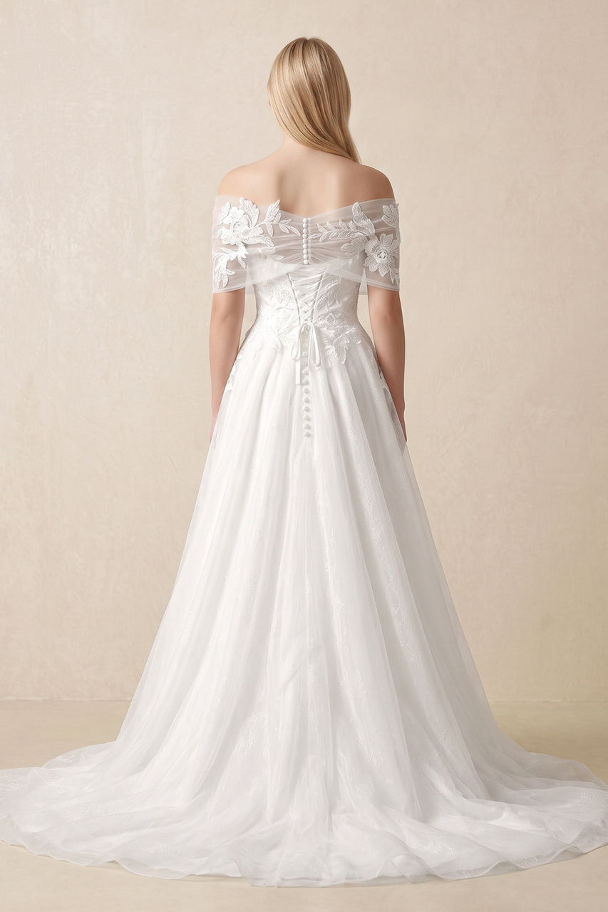 Off-the-Shoulder Appliqued A-Line Wedding Dress in White - Curvevia