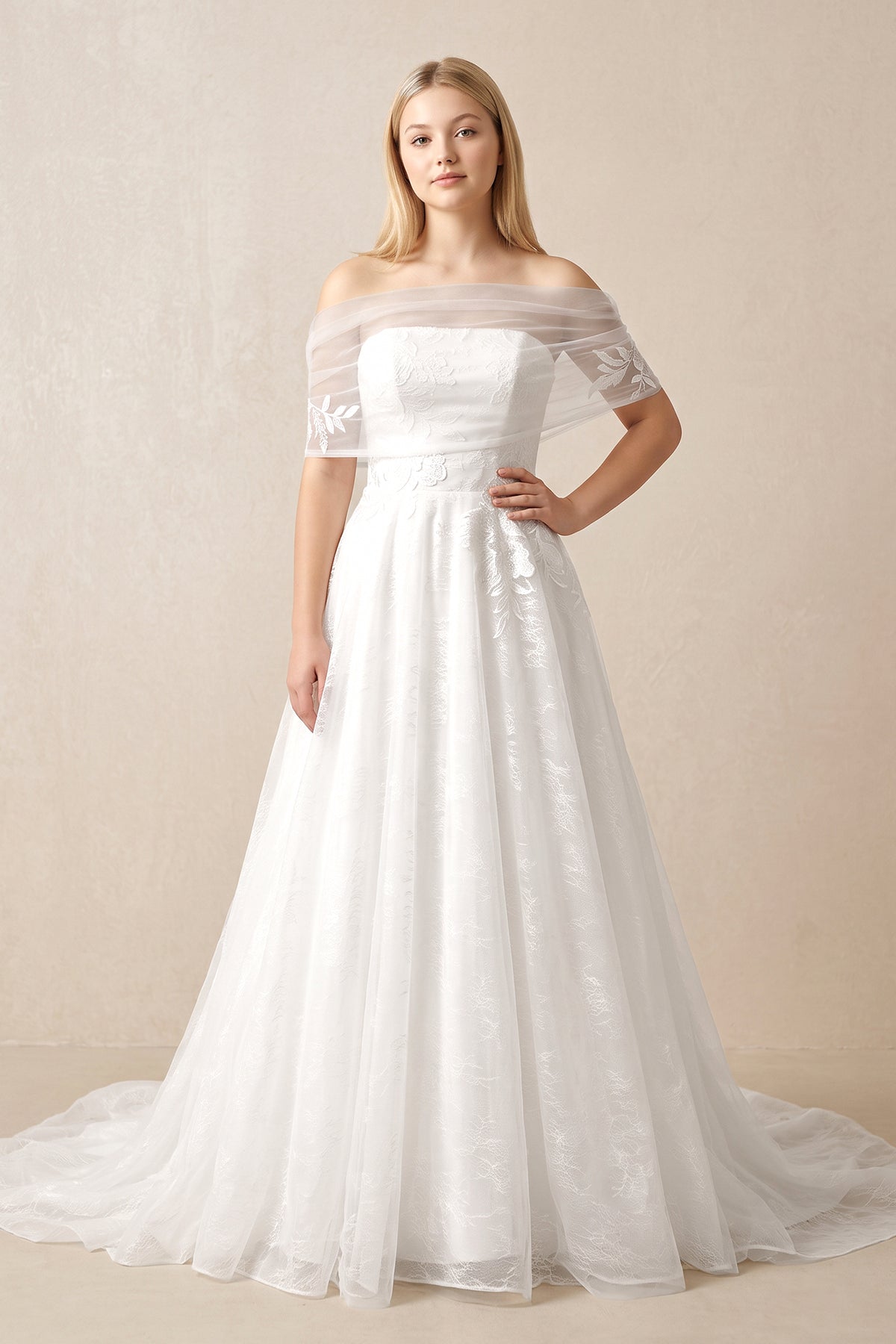 Off-the-Shoulder Appliqued A-Line Wedding Dress in White - Curvevia
