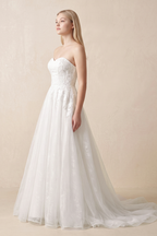 Off-the-Shoulder Appliqued A-Line Wedding Dress in White - Curvevia