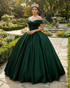 Off the Shoulder Ball Gown Dark Green Satin Quinceanera Dresses - Curvevia