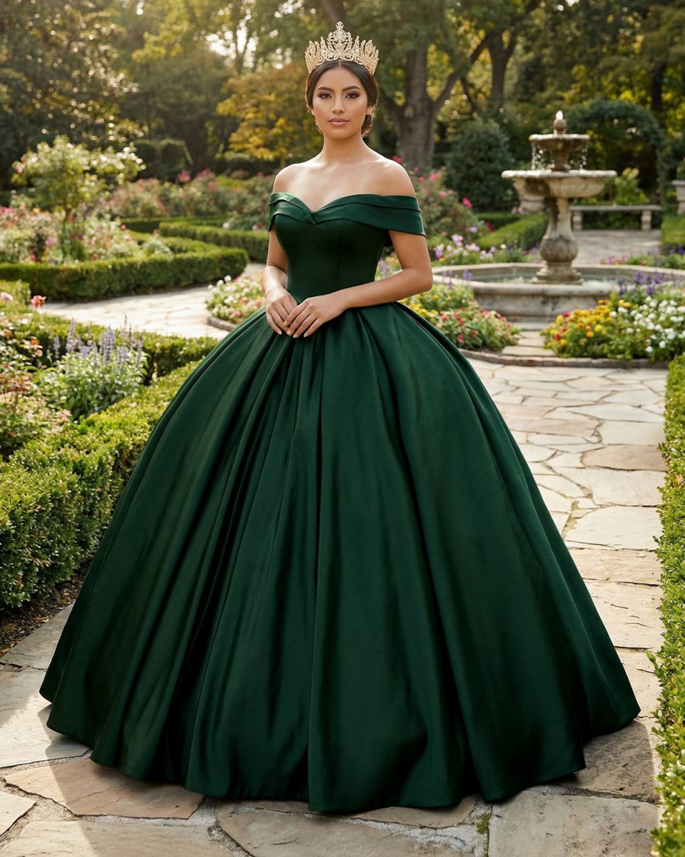Off the Shoulder Ball Gown Dark Green Satin Quinceanera Dresses - Curvevia