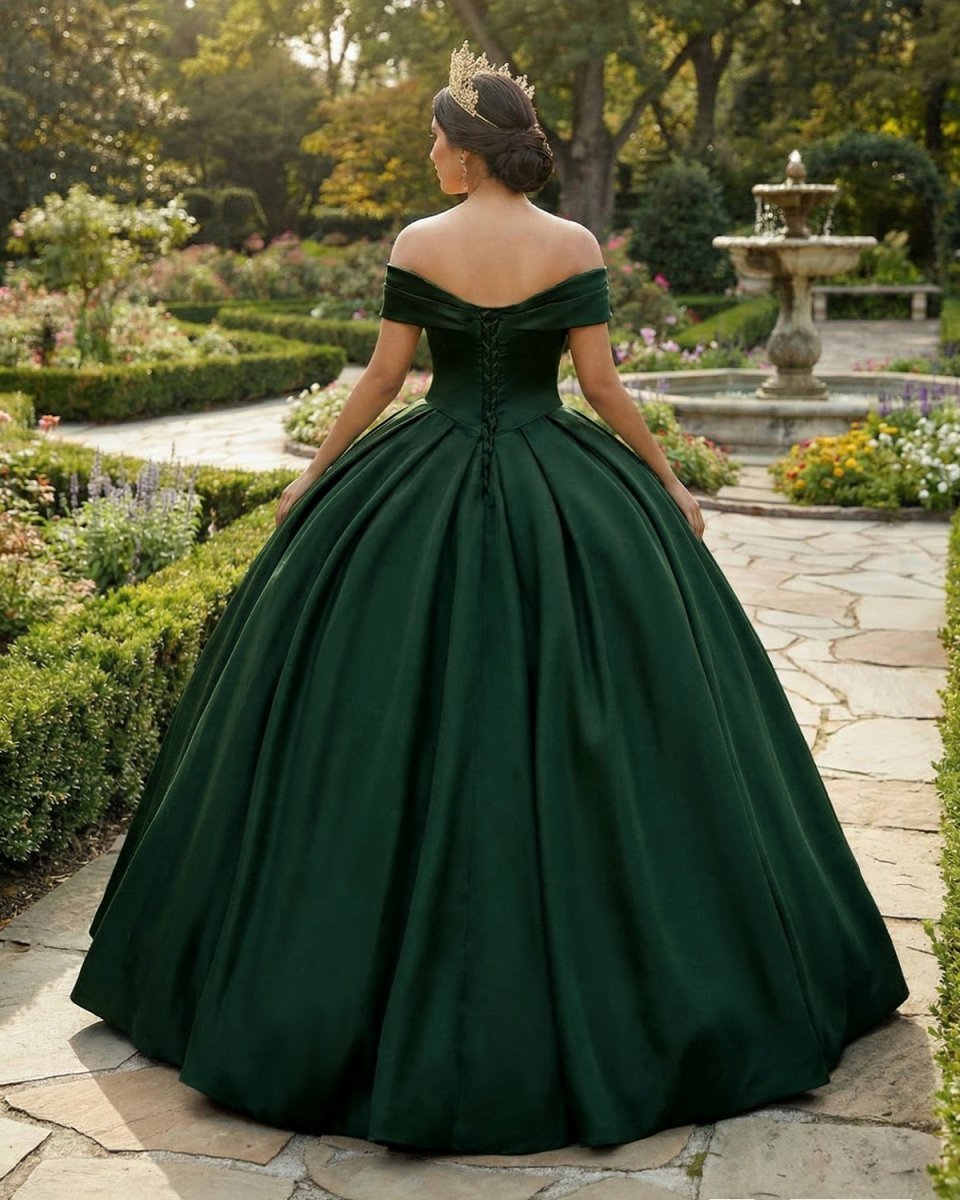 Off the Shoulder Ball Gown Dark Green Satin Quinceanera Dresses - Curvevia