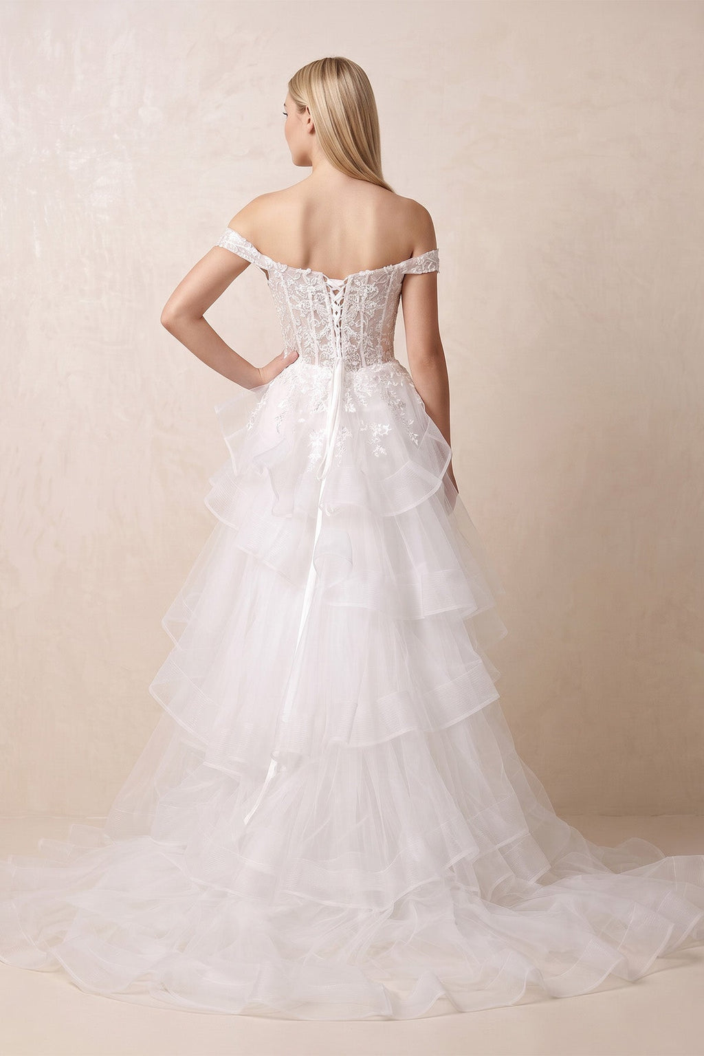 Off The Shoulder Ball-Gown Tulle Wedding Dress in White - Curvevia