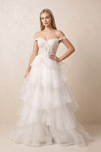 Off The Shoulder Ball-Gown Tulle Wedding Dress in White - Curvevia
