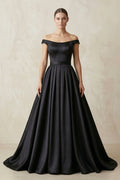 Off-the-Shoulder Boat Neck Satin A-Line Wedding Dress in Black - Curvevia