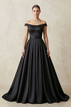 Off-the-Shoulder Boat Neck Satin A-Line Wedding Dress in Black - Curvevia