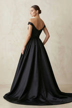 Off-the-Shoulder Boat Neck Satin A-Line Wedding Dress in Black - Curvevia
