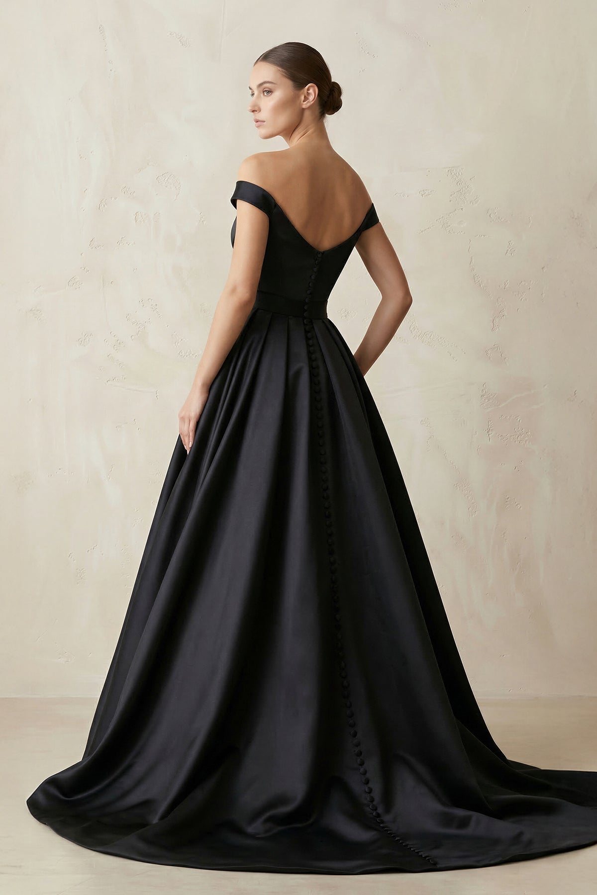 Off-the-Shoulder Boat Neck Satin A-Line Wedding Dress in Black - Curvevia