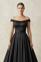 Off-the-Shoulder Boat Neck Satin A-Line Wedding Dress in Black - Curvevia