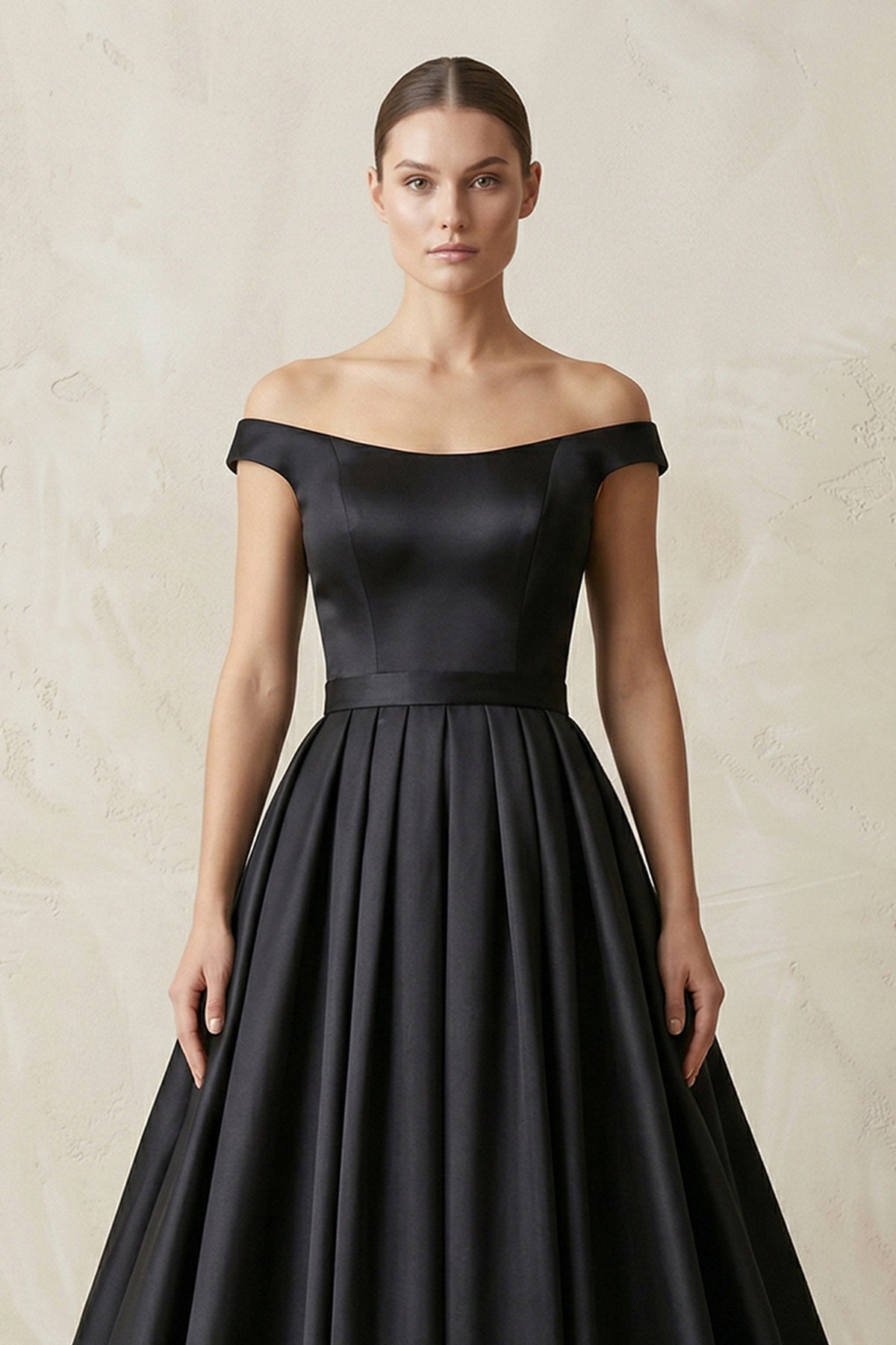 Off-the-Shoulder Boat Neck Satin A-Line Wedding Dress in Black - Curvevia