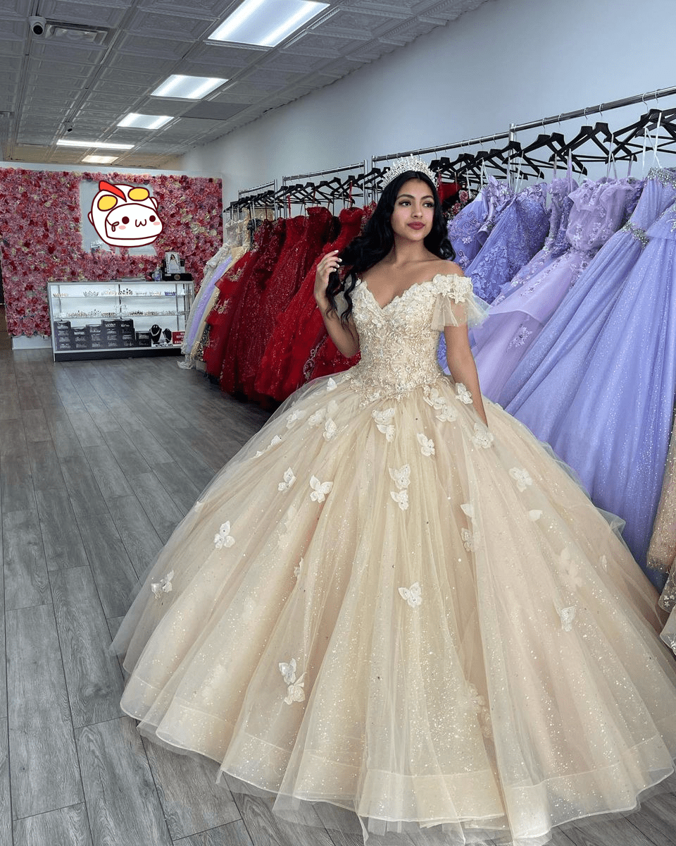 Off The Shoulder Butterfly Quinceanera Dress Glitter Ball Gown - Curvevia