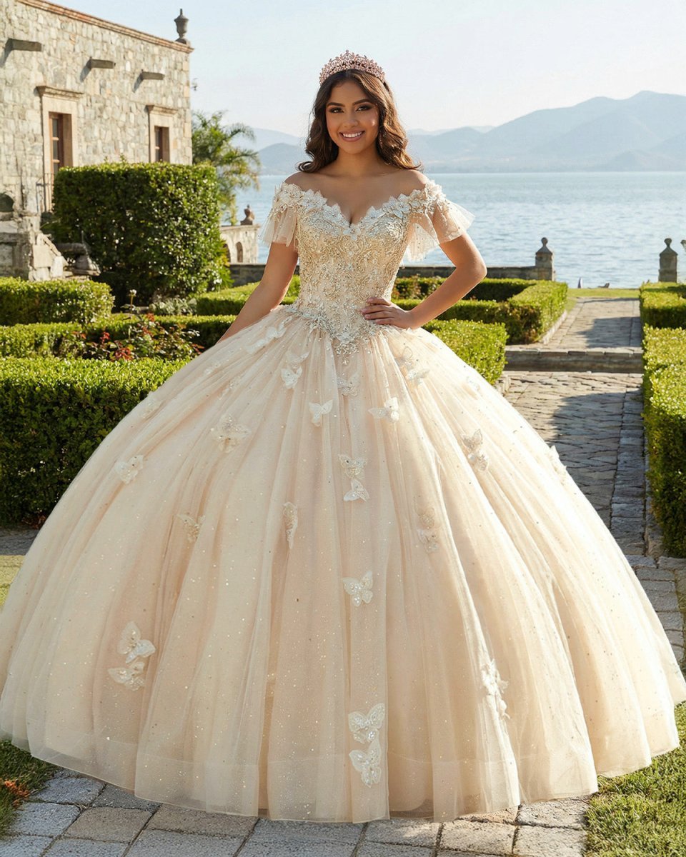 Off The Shoulder Butterfly Quinceanera Dress Glitter Ball Gown - Curvevia