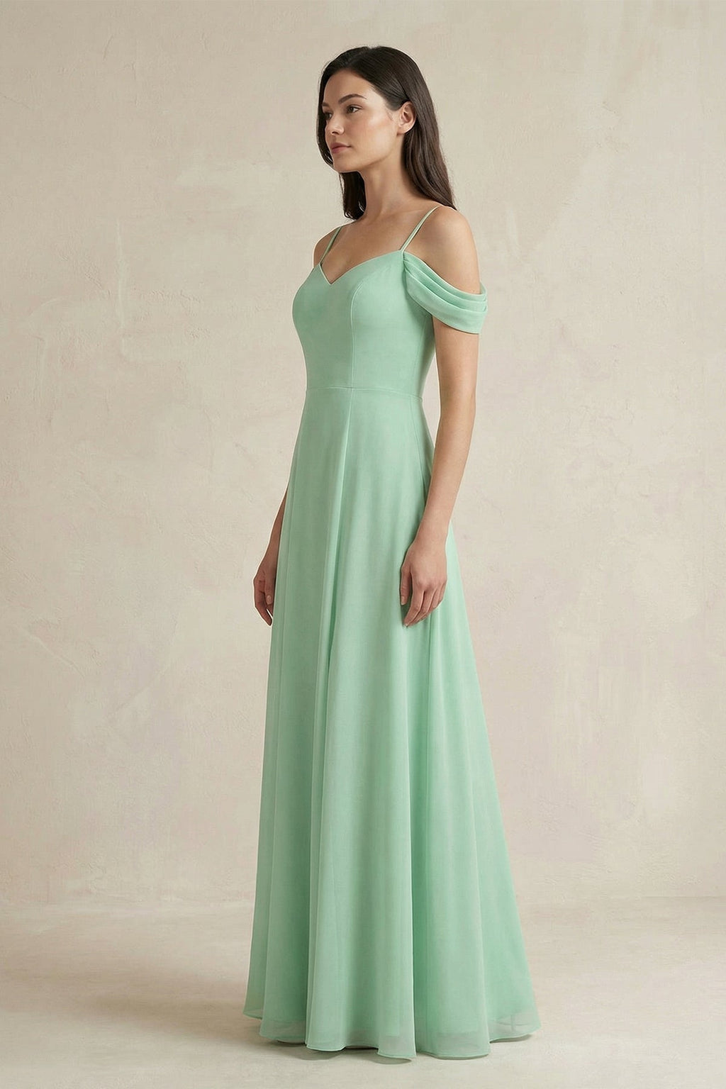 Off-the-Shoulder Chiffon A-Line Bridesmaid Dress in Pale Pistachio - Curvevia