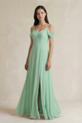 Off-the-Shoulder Chiffon A-Line Bridesmaid Dress in Pale Pistachio - Curvevia