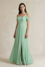 Off-the-Shoulder Chiffon A-Line Bridesmaid Dress in Pale Pistachio - Curvevia