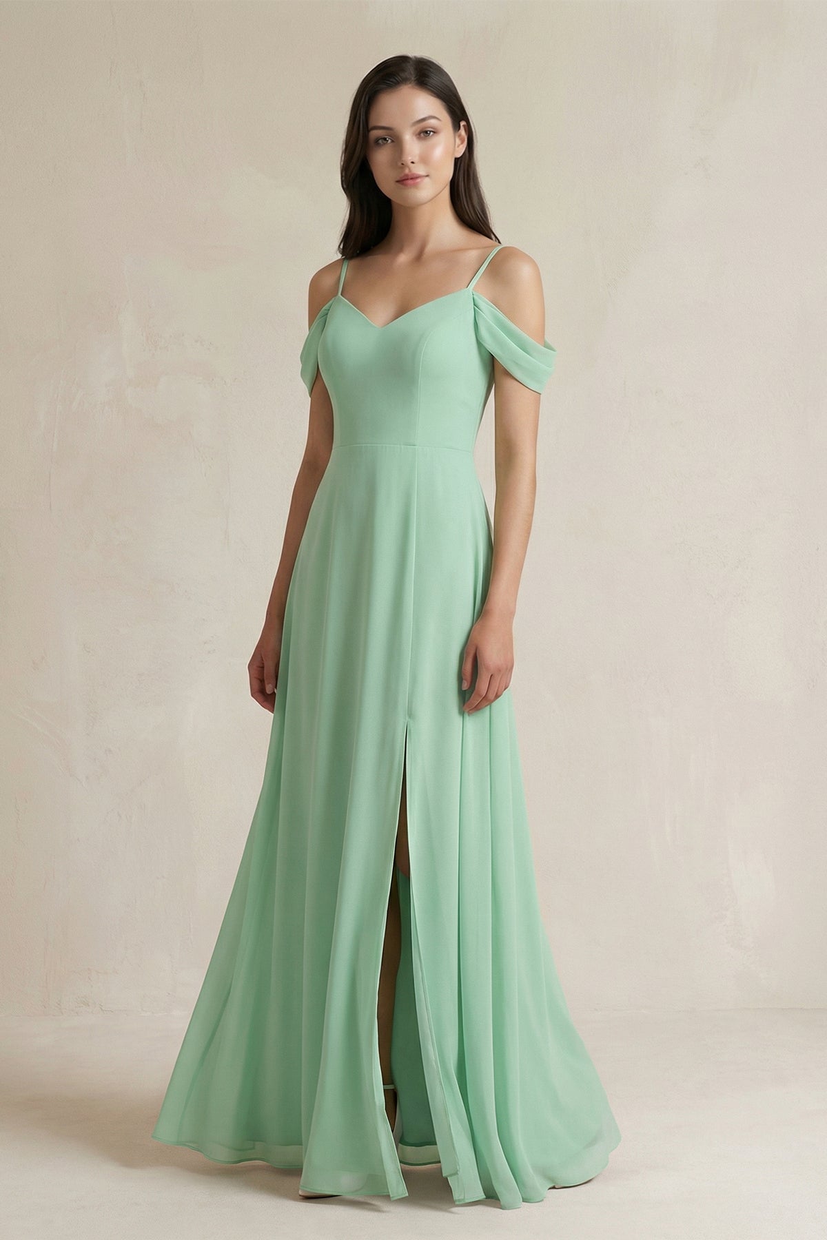Off-the-Shoulder Chiffon A-Line Bridesmaid Dress in Pale Pistachio - Curvevia