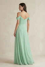 Off-the-Shoulder Chiffon A-Line Bridesmaid Dress in Pale Pistachio - Curvevia