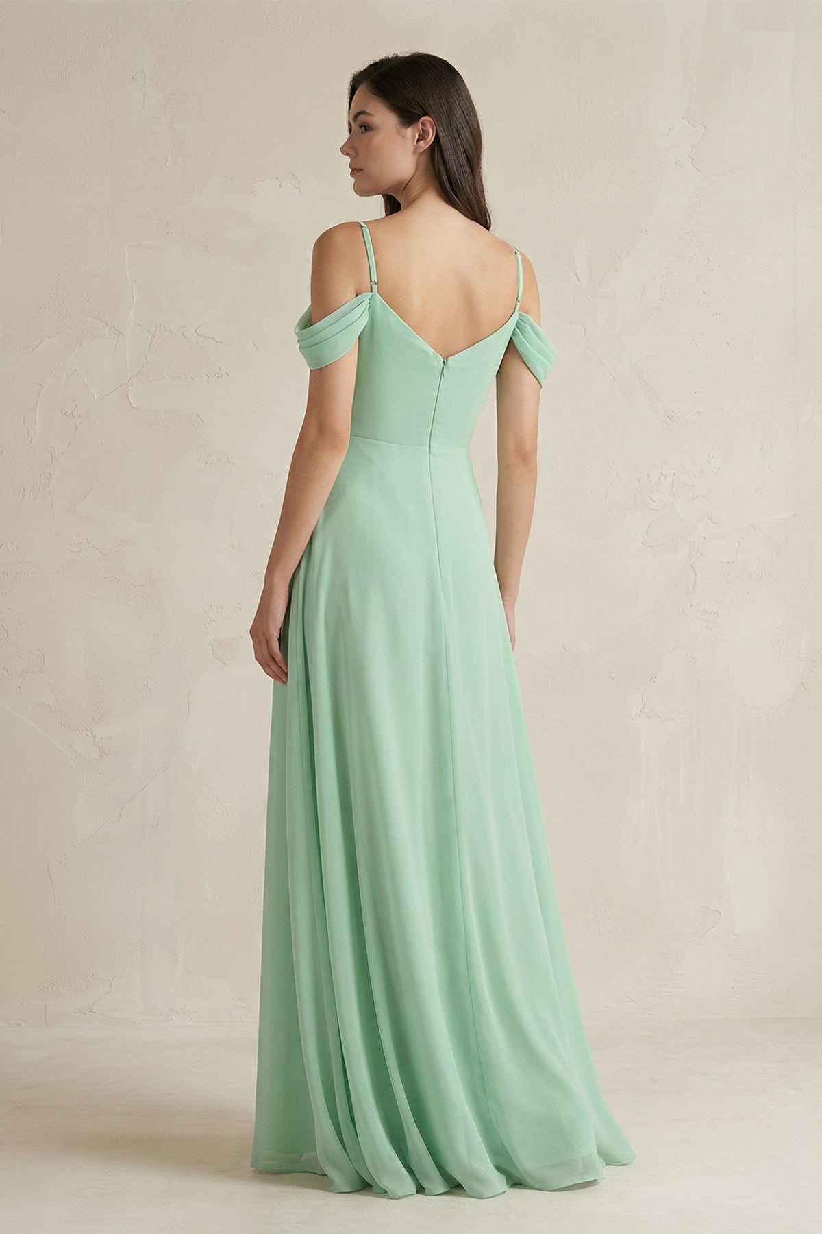 Off-the-Shoulder Chiffon A-Line Bridesmaid Dress in Pale Pistachio - Curvevia
