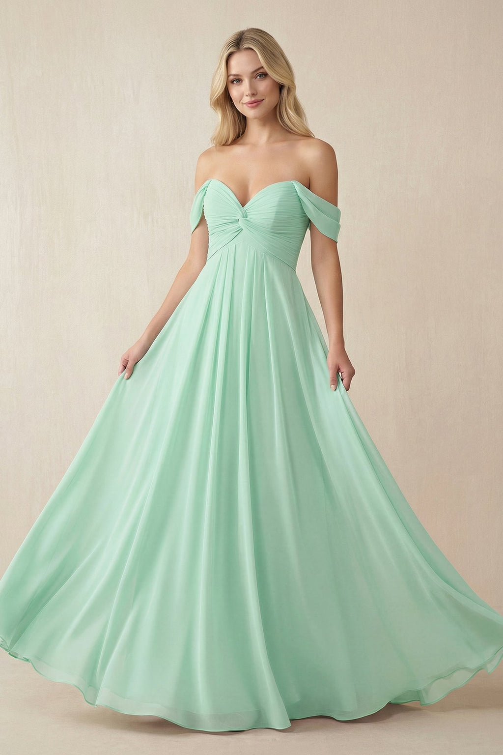 Off-the-Shoulder Chiffon A-Line Long Mother of the Bride Dress in Pale Pistachio - Curvevia