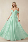 Off-the-Shoulder Chiffon A-Line Long Mother of the Bride Dress in Pale Pistachio - Curvevia