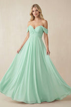 Off-the-Shoulder Chiffon A-Line Long Mother of the Bride Dress in Pale Pistachio - Curvevia