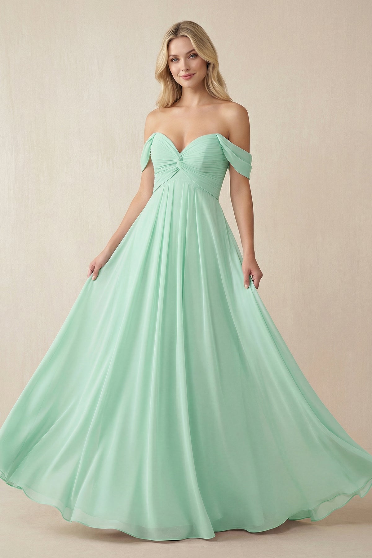 Off-the-Shoulder Chiffon A-Line Long Mother of the Bride Dress in Pale Pistachio - Curvevia