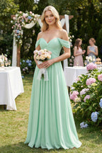 Off-the-Shoulder Chiffon A-Line Long Mother of the Bride Dress in Pale Pistachio - Curvevia