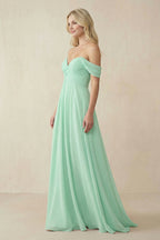Off-the-Shoulder Chiffon A-Line Long Mother of the Bride Dress in Pale Pistachio - Curvevia