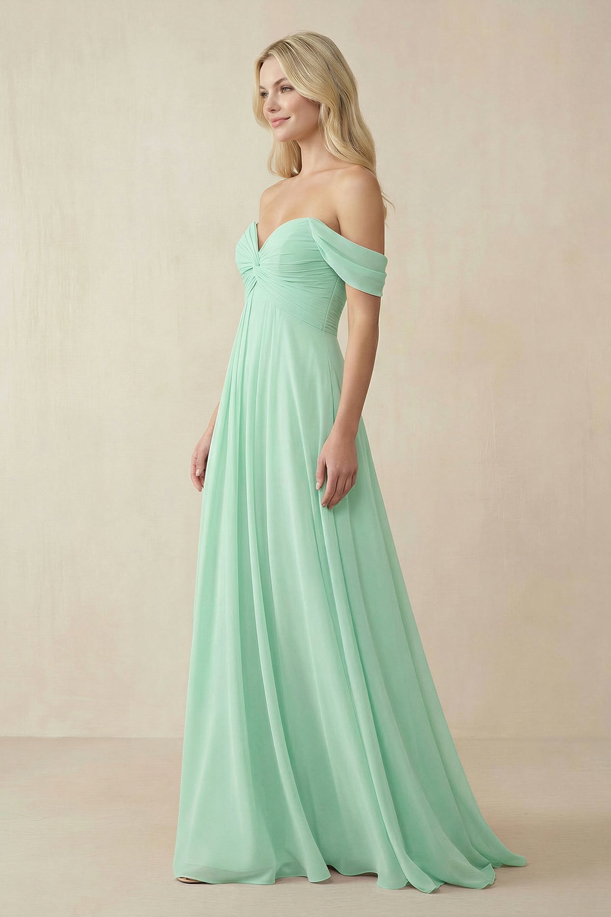 Off-the-Shoulder Chiffon A-Line Long Mother of the Bride Dress in Pale Pistachio - Curvevia