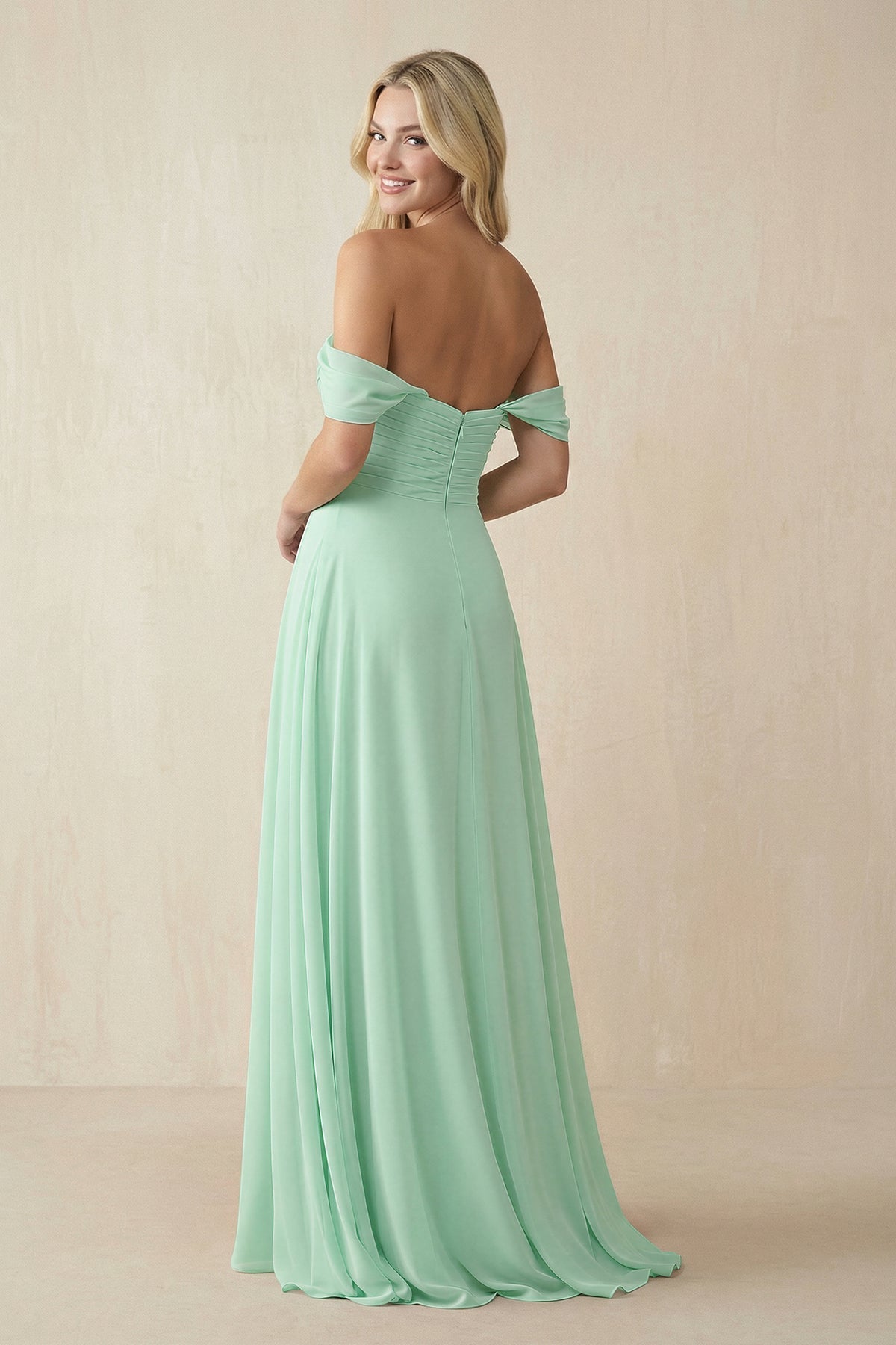 Off-the-Shoulder Chiffon A-Line Long Mother of the Bride Dress in Pale Pistachio - Curvevia