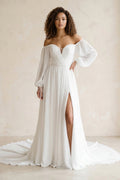 Simple A-Line Off the Shoulder White Beach Wedding Dresses with Slit - Curvevia