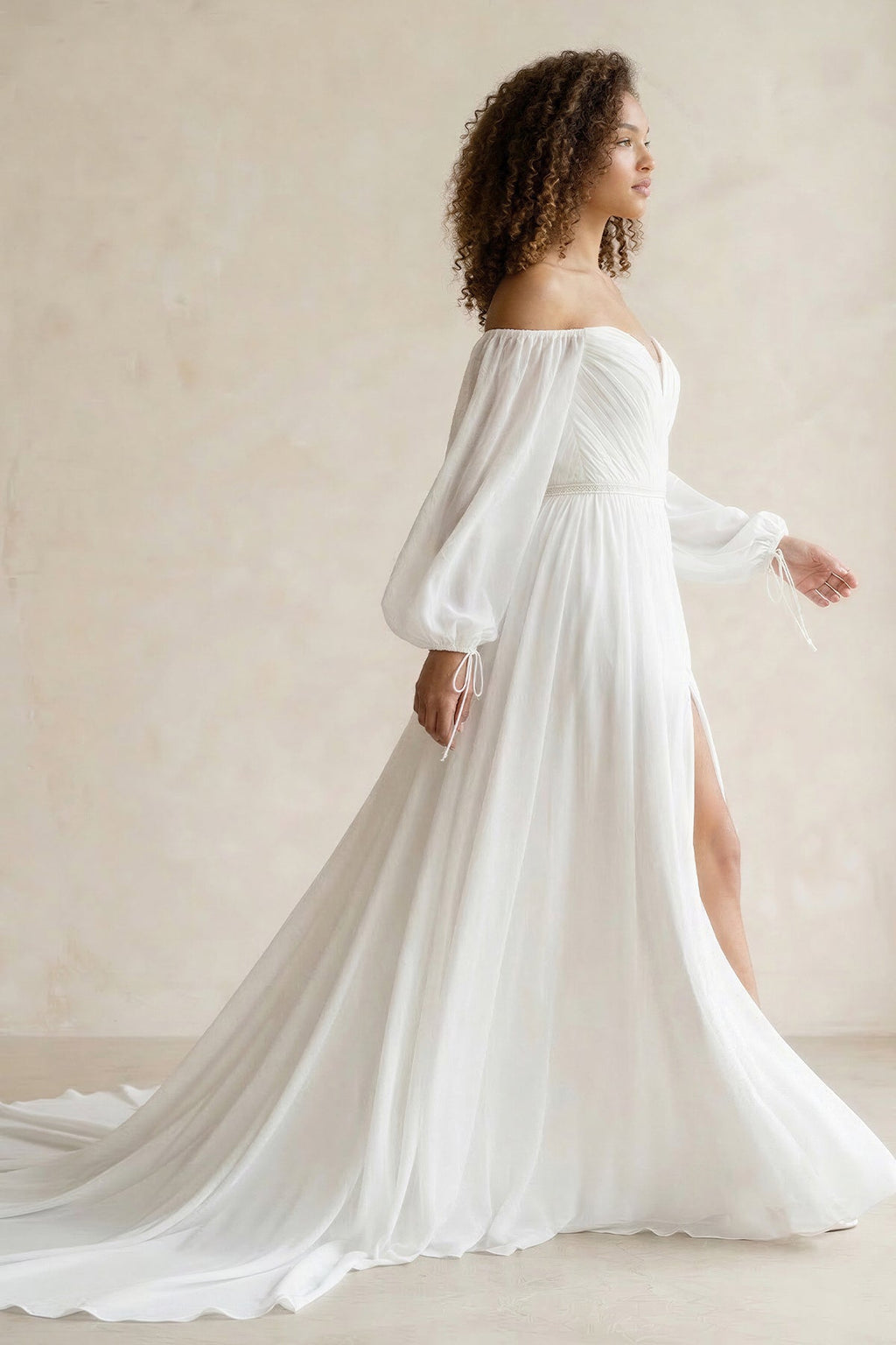 Simple A-Line Off the Shoulder White Beach Wedding Dresses with Slit - Curvevia