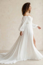 Simple A-Line Off the Shoulder White Beach Wedding Dresses with Slit - Curvevia