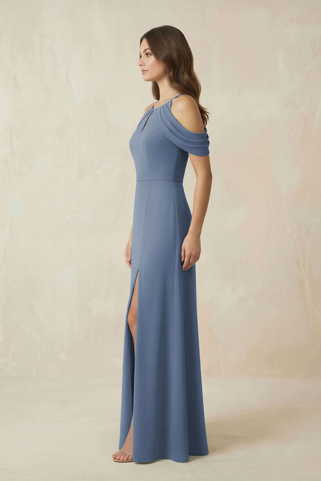 Off-the-Shoulder Chiffon Sheath Bridesmaid Dress With Slit in Neptune - Curvevia