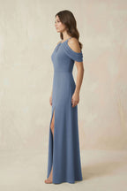 Off-the-Shoulder Chiffon Sheath Bridesmaid Dress With Slit in Neptune - Curvevia