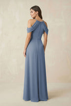 Off-the-Shoulder Chiffon Sheath Bridesmaid Dress With Slit in Neptune - Curvevia