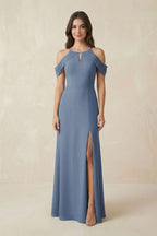 Off-the-Shoulder Chiffon Sheath Bridesmaid Dress With Slit in Neptune - Curvevia