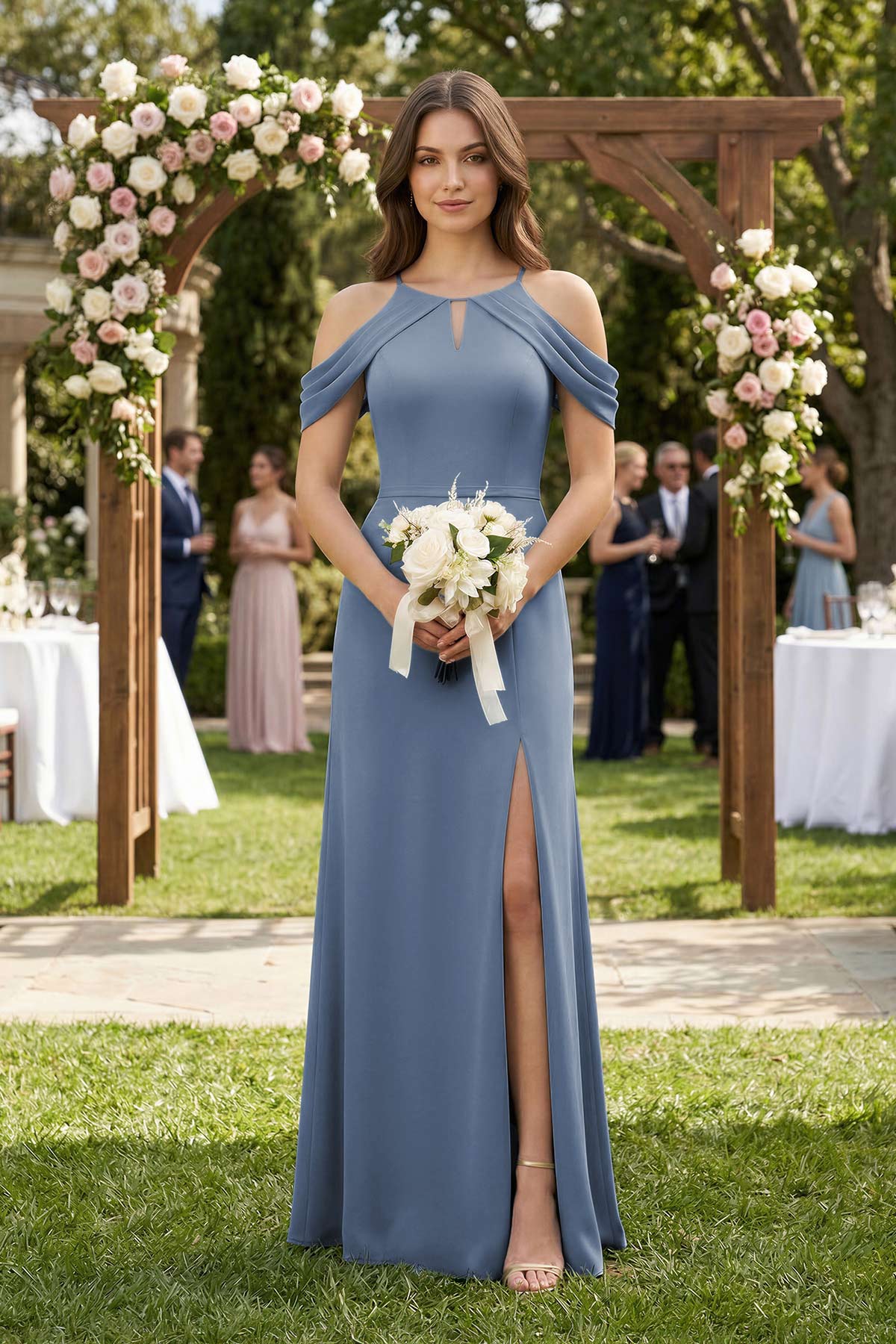 Off-the-Shoulder Chiffon Sheath Bridesmaid Dress With Slit in Neptune - Curvevia