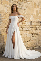 Elegant White Off-the-Shoulder Long Wedding Dress with Slit - Curvevia