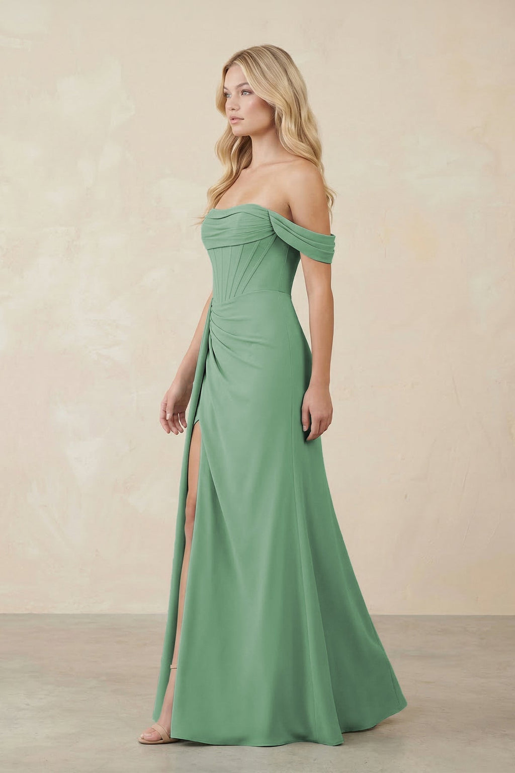 Off-the-Shoulder Corset Sheath Chiffon Bridesmaid Dress in Sea Glass - Curvevia