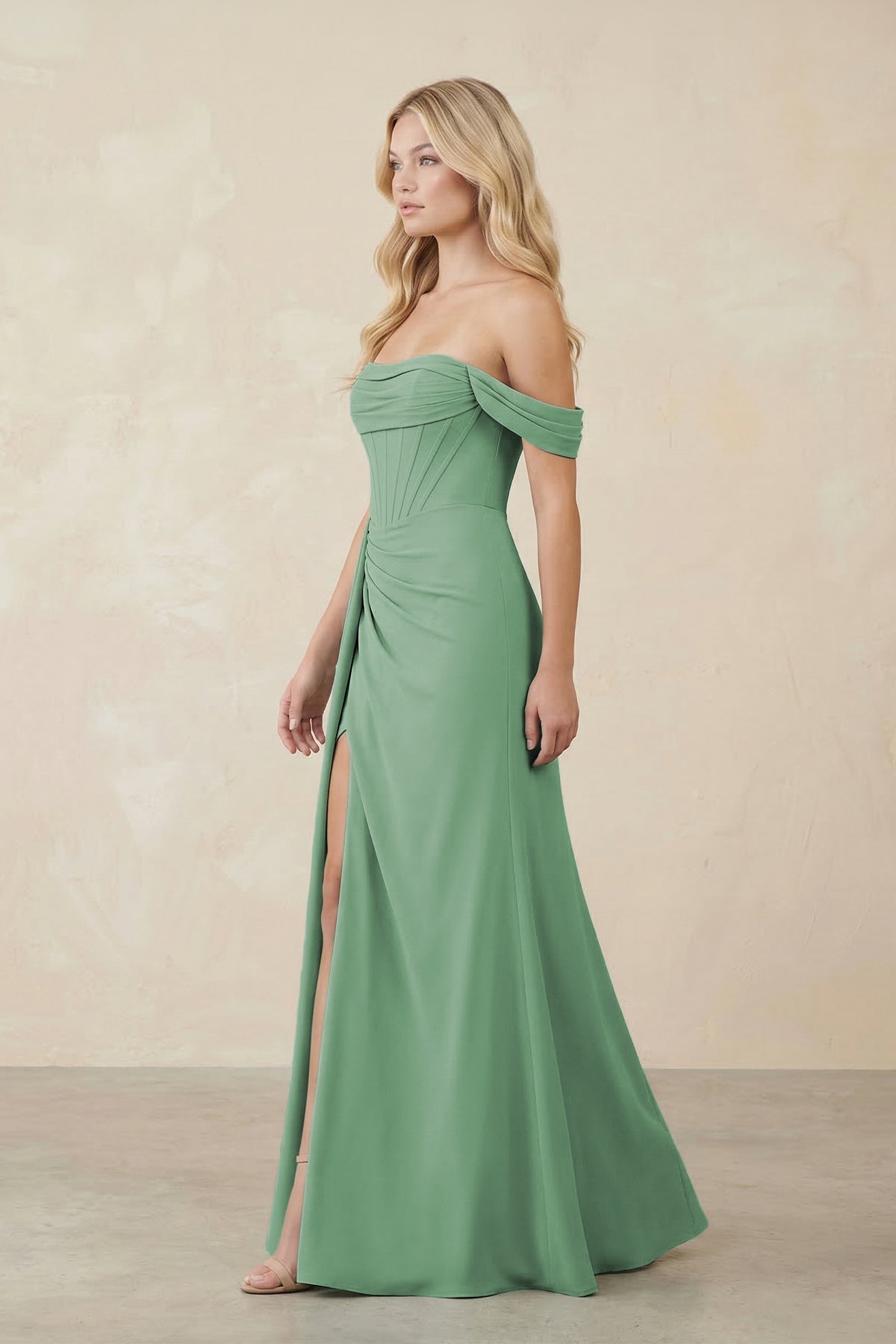 Off-the-Shoulder Corset Sheath Chiffon Bridesmaid Dress in Sea Glass - Curvevia