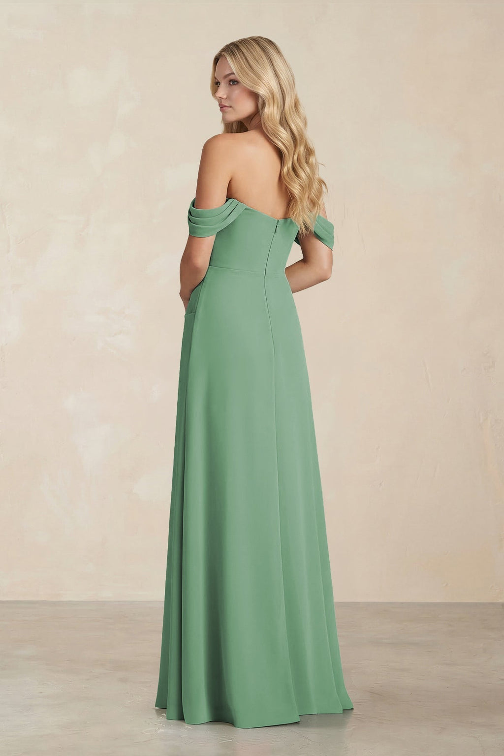 Off-the-Shoulder Corset Sheath Chiffon Bridesmaid Dress in Sea Glass - Curvevia