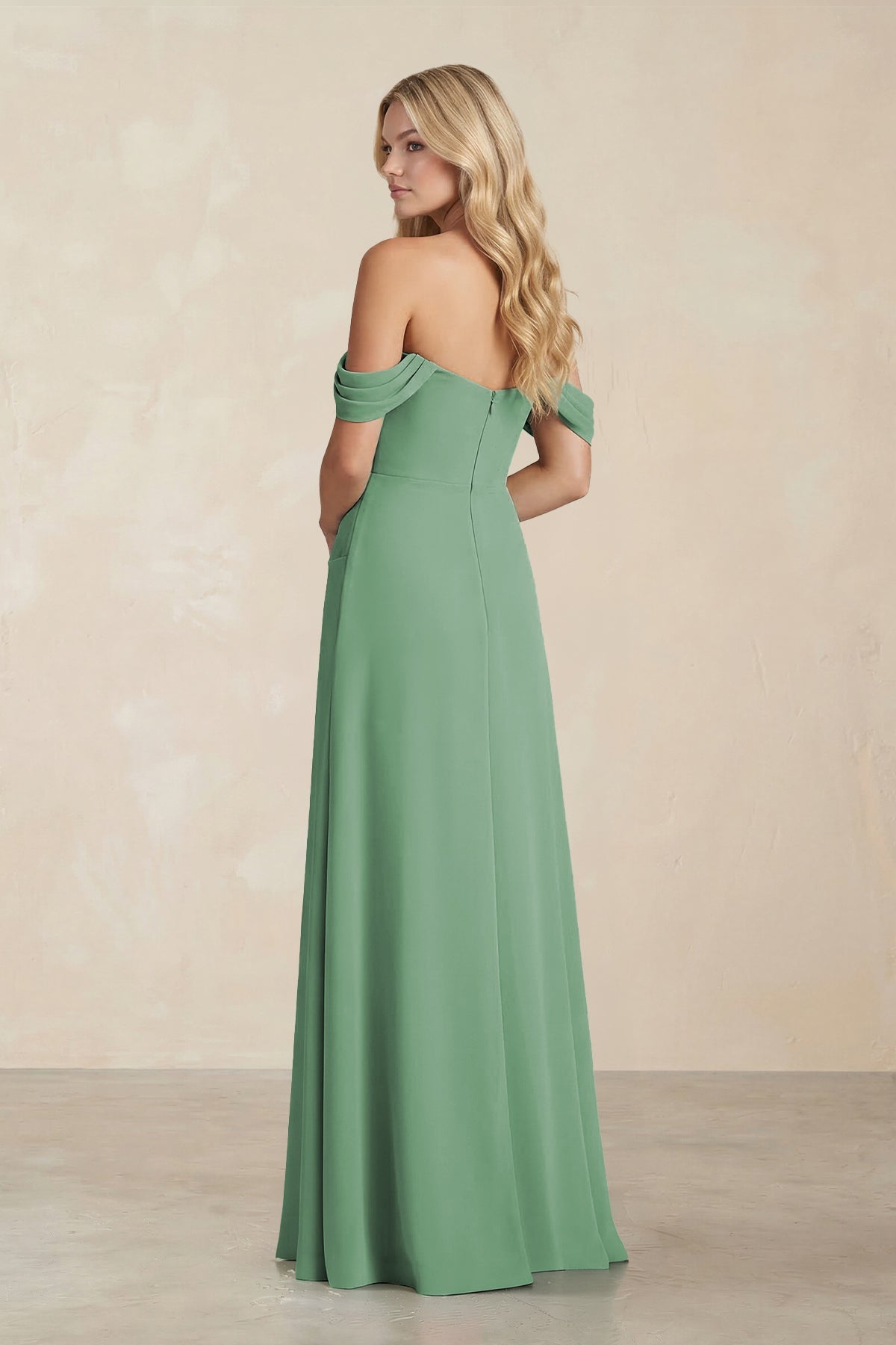 Off-the-Shoulder Corset Sheath Chiffon Bridesmaid Dress in Sea Glass - Curvevia